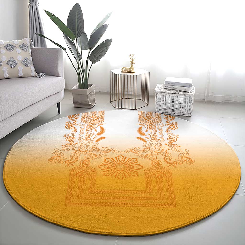 Philippines Barong Style Round Carpet with Polynesian Art and Leaf Motif Yellow Color
