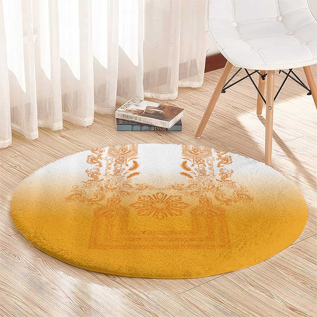 Philippines Barong Style Round Carpet with Polynesian Art and Leaf Motif Yellow Color