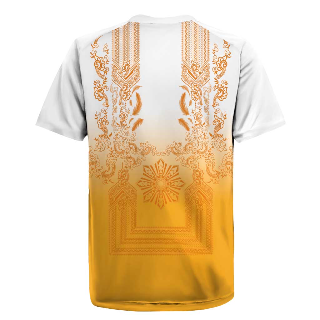 Philippines Barong Style Rugby Jersey with Polynesian Art and Leaf Motif Yellow Color LT03 - Polynesian Pride