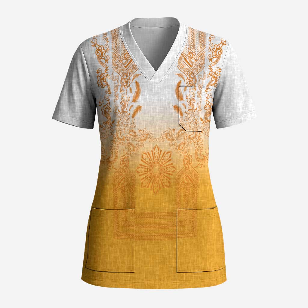 Philippines Barong Style Scrub Top with Polynesian Art and Leaf Motif Yellow Color