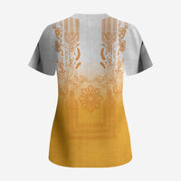 Philippines Barong Style Scrub Top with Polynesian Art and Leaf Motif Yellow Color