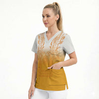 Philippines Barong Style Scrub Top with Polynesian Art and Leaf Motif Yellow Color