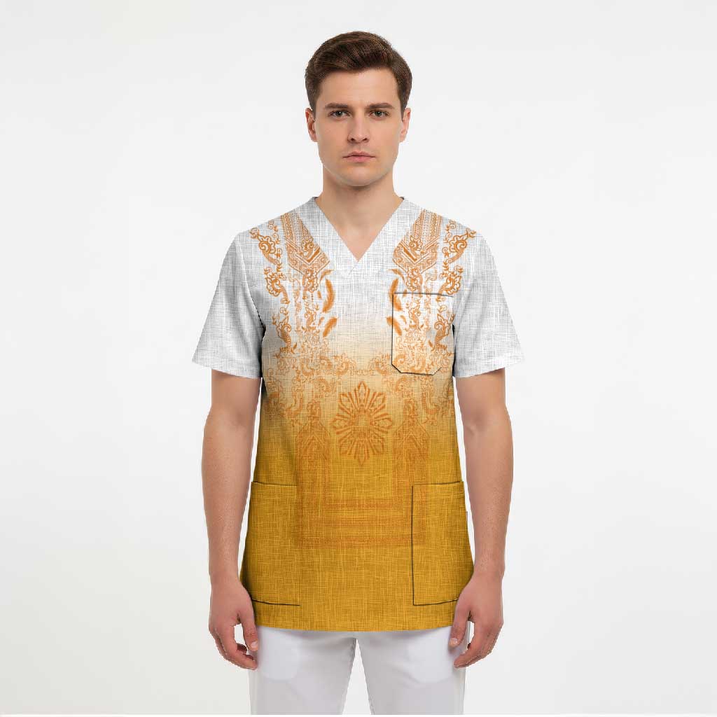Philippines Barong Style Scrub Top with Polynesian Art and Leaf Motif Yellow Color