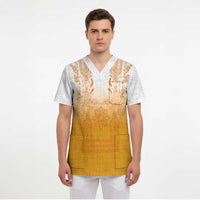 Philippines Barong Style Scrub Top with Polynesian Art and Leaf Motif Yellow Color
