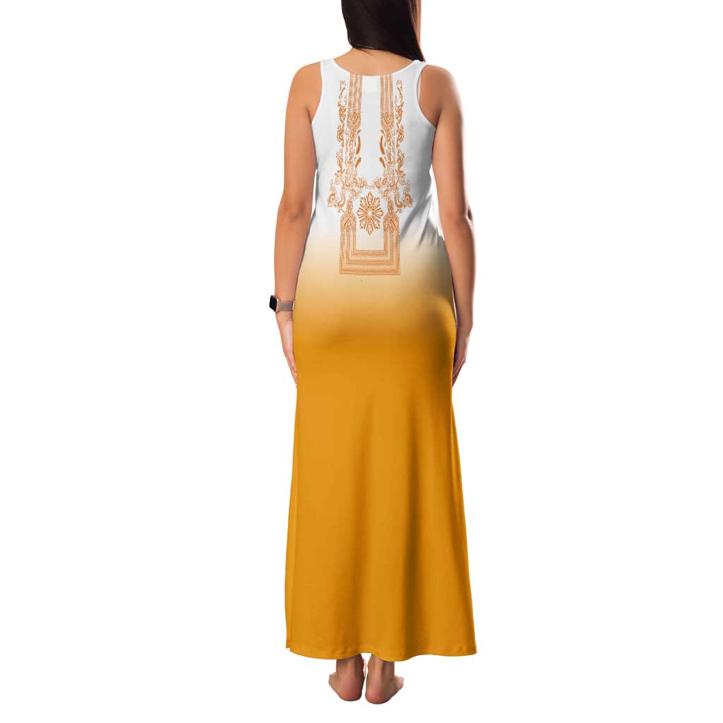 Philippines Barong Style Tank Maxi Dress with Polynesian Art and Leaf Motif Yellow Color LT03 - Polynesian Pride