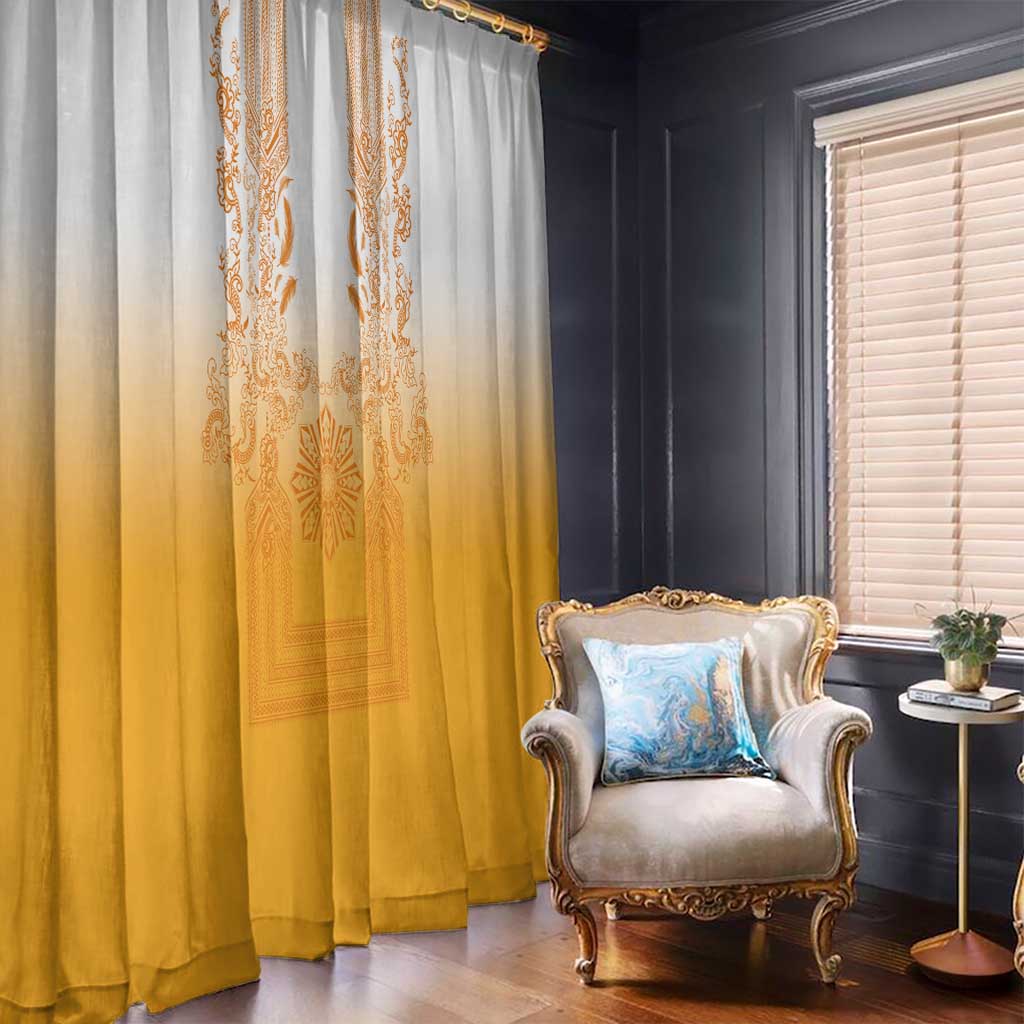 Philippines Barong Style Window Curtain with Polynesian Art and Leaf Motif Yellow Color