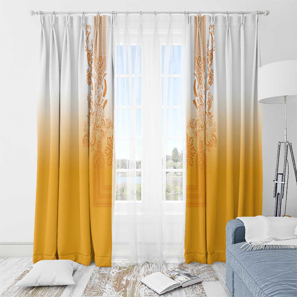 Philippines Barong Style Window Curtain with Polynesian Art and Leaf Motif Yellow Color