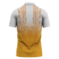 Philippines Barong Style Zipper Polo Shirt with Polynesian Art and Leaf Motif Yellow Color