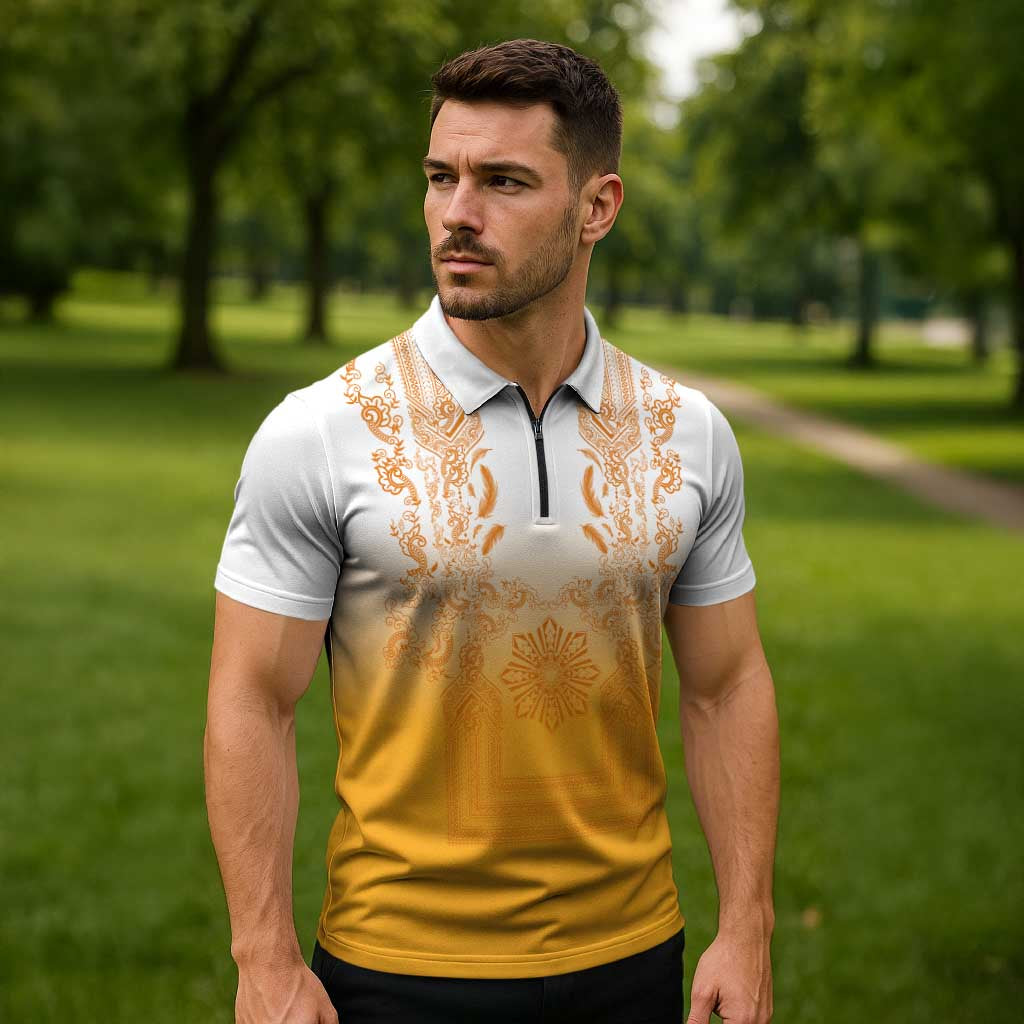 Philippines Barong Style Zipper Polo Shirt with Polynesian Art and Leaf Motif Yellow Color
