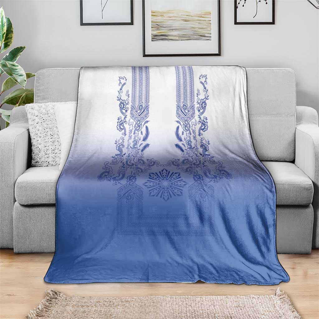 Philippines Barong Style Blanket with Polynesian Art and Leaf Motif Blue Color LT03 - Polynesian Pride