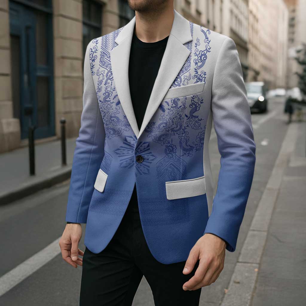 Philippines Barong Style Blazer with Polynesian Art and Leaf Motif Blue Color LT03 - Polynesian Pride