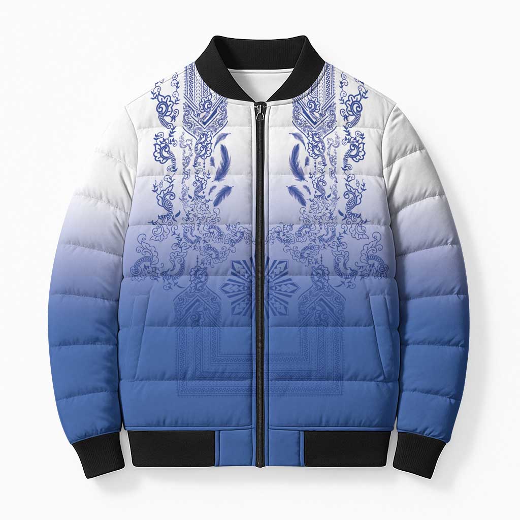 Philippines Barong Style Bomber Puffer Jacket with Polynesian Art and Leaf Motif Blue Color LT03 Unisex Blue - Polynesian Pride