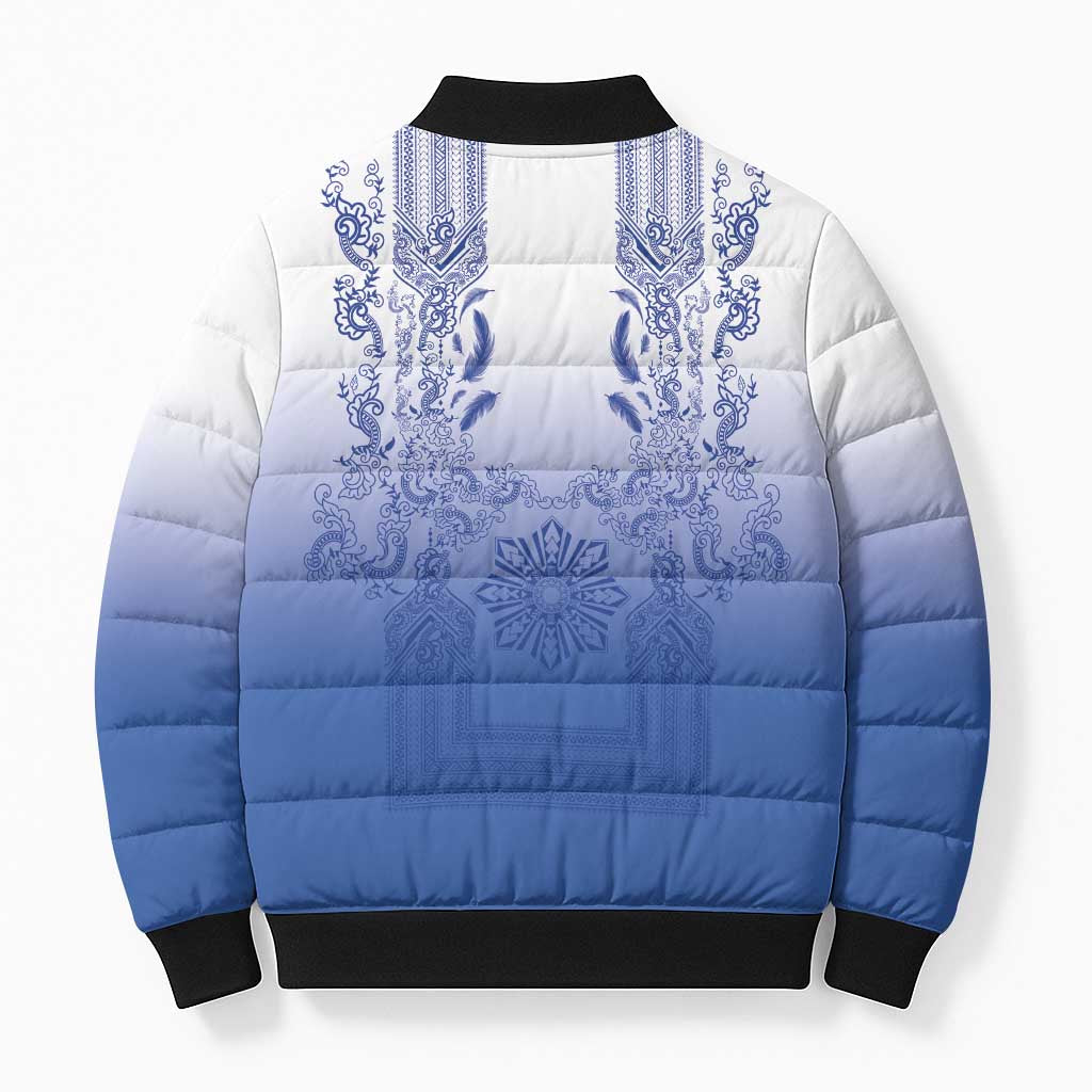 Philippines Barong Style Bomber Puffer Jacket with Polynesian Art and Leaf Motif Blue Color LT03 - Polynesian Pride