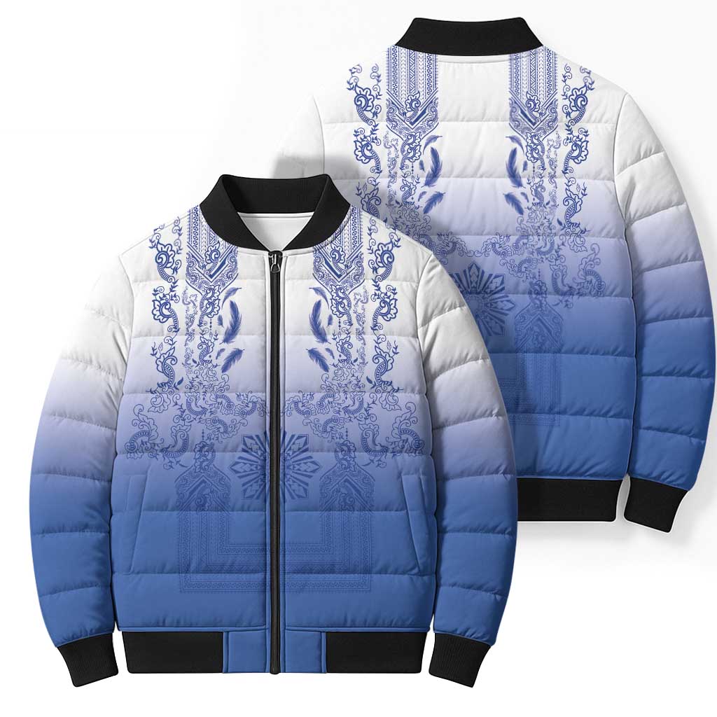Philippines Barong Style Bomber Puffer Jacket with Polynesian Art and Leaf Motif Blue Color LT03 - Polynesian Pride