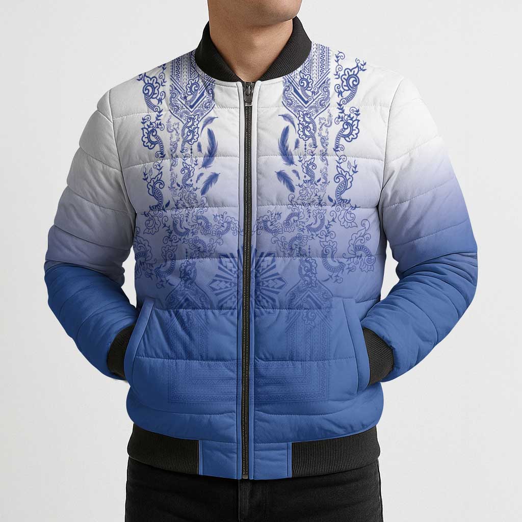 Philippines Barong Style Bomber Puffer Jacket with Polynesian Art and Leaf Motif Blue Color LT03 - Polynesian Pride