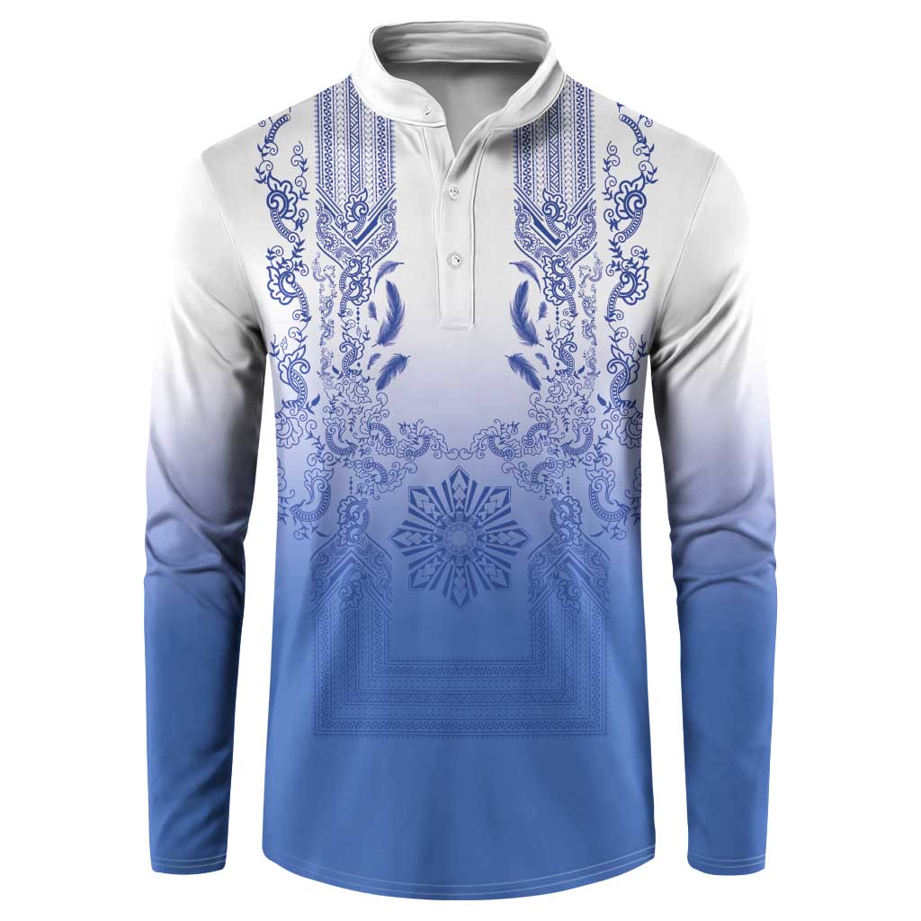 Philippines Barong Style Button Sweatshirt with Polynesian Art and Leaf Motif Blue Color