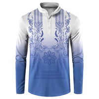 Philippines Barong Style Button Sweatshirt with Polynesian Art and Leaf Motif Blue Color