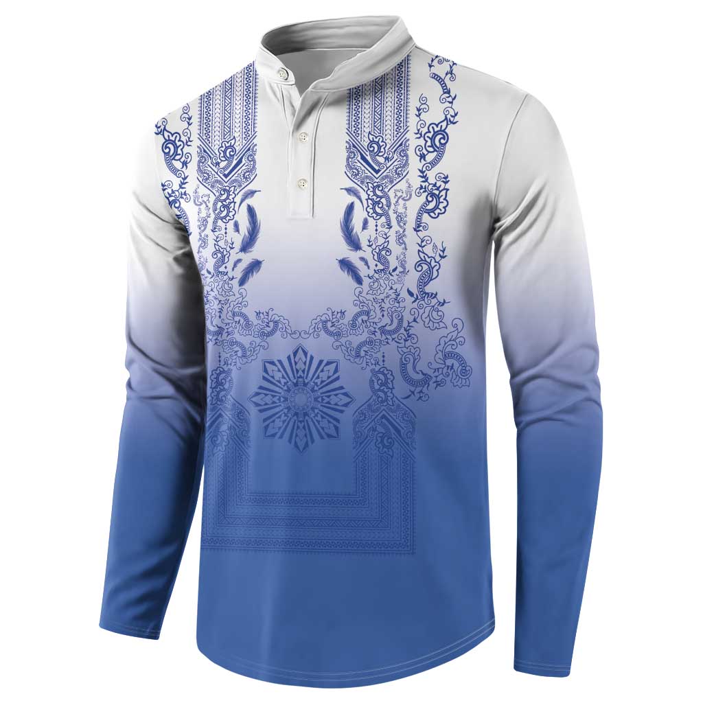 Philippines Barong Style Button Sweatshirt with Polynesian Art and Leaf Motif Blue Color