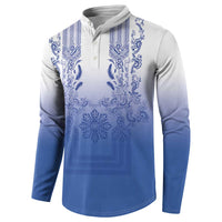 Philippines Barong Style Button Sweatshirt with Polynesian Art and Leaf Motif Blue Color