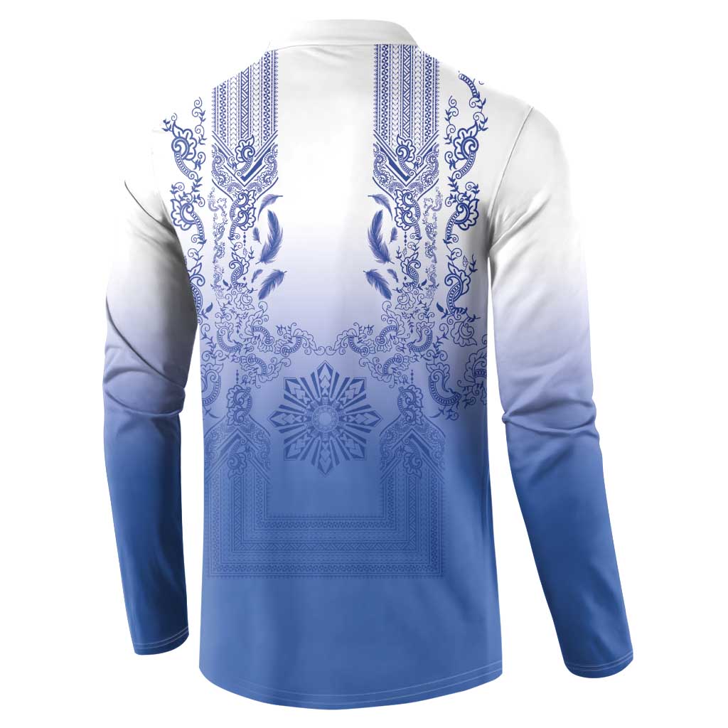 Philippines Barong Style Button Sweatshirt with Polynesian Art and Leaf Motif Blue Color