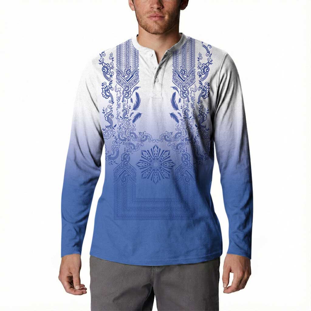 Philippines Barong Style Button Sweatshirt with Polynesian Art and Leaf Motif Blue Color