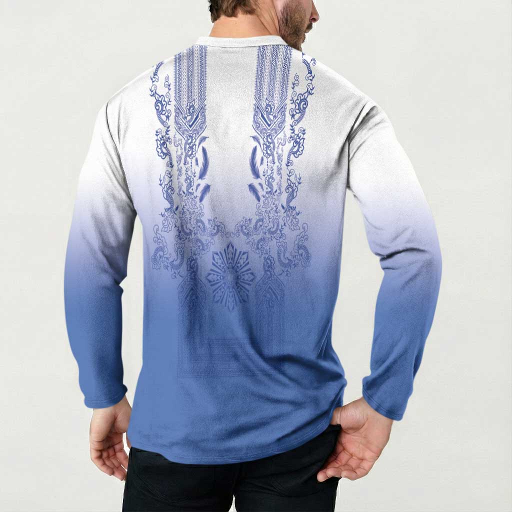 Philippines Barong Style Button Sweatshirt with Polynesian Art and Leaf Motif Blue Color