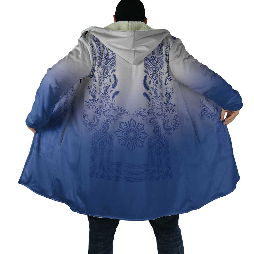Philippines Barong Style Cloak with Polynesian Art and Leaf Motif Blue Color