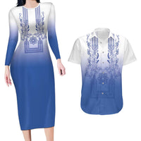 Philippines Barong Style Couples Matching Long Sleeve Bodycon Dress and Hawaiian Shirt with Polynesian Art and Leaf Motif Blue Color