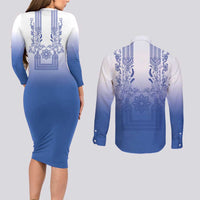 Philippines Barong Style Couples Matching Long Sleeve Bodycon Dress and Long Sleeve Button Shirt with Polynesian Art and Leaf Motif Blue Color