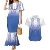 Philippines Barong Style Couples Matching Mermaid Dress and Hawaiian Shirt with Polynesian Art and Leaf Motif Blue Color