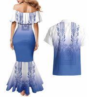 Philippines Barong Style Couples Matching Mermaid Dress and Hawaiian Shirt with Polynesian Art and Leaf Motif Blue Color