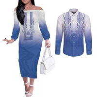 Philippines Barong Style Couples Matching Off The Shoulder Long Sleeve Dress and Long Sleeve Button Shirt with Polynesian Art and Leaf Motif Blue Color