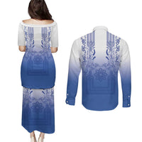 Philippines Barong Style Couples Matching Puletasi and Long Sleeve Button Shirt with Polynesian Art and Leaf Motif Blue Color LT03 - Polynesian Pride