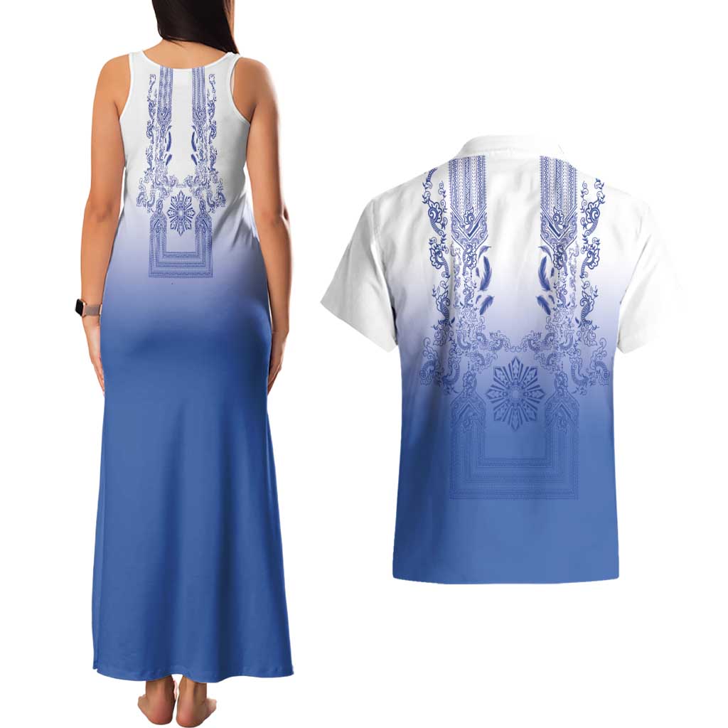 Philippines Barong Style Couples Matching Tank Maxi Dress and Hawaiian Shirt with Polynesian Art and Leaf Motif Blue Color