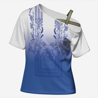 Philippines Barong Style Cross Shoulder Shirt with Polynesian Art and Leaf Motif Blue Color LT03 Female Blue - Polynesian Pride