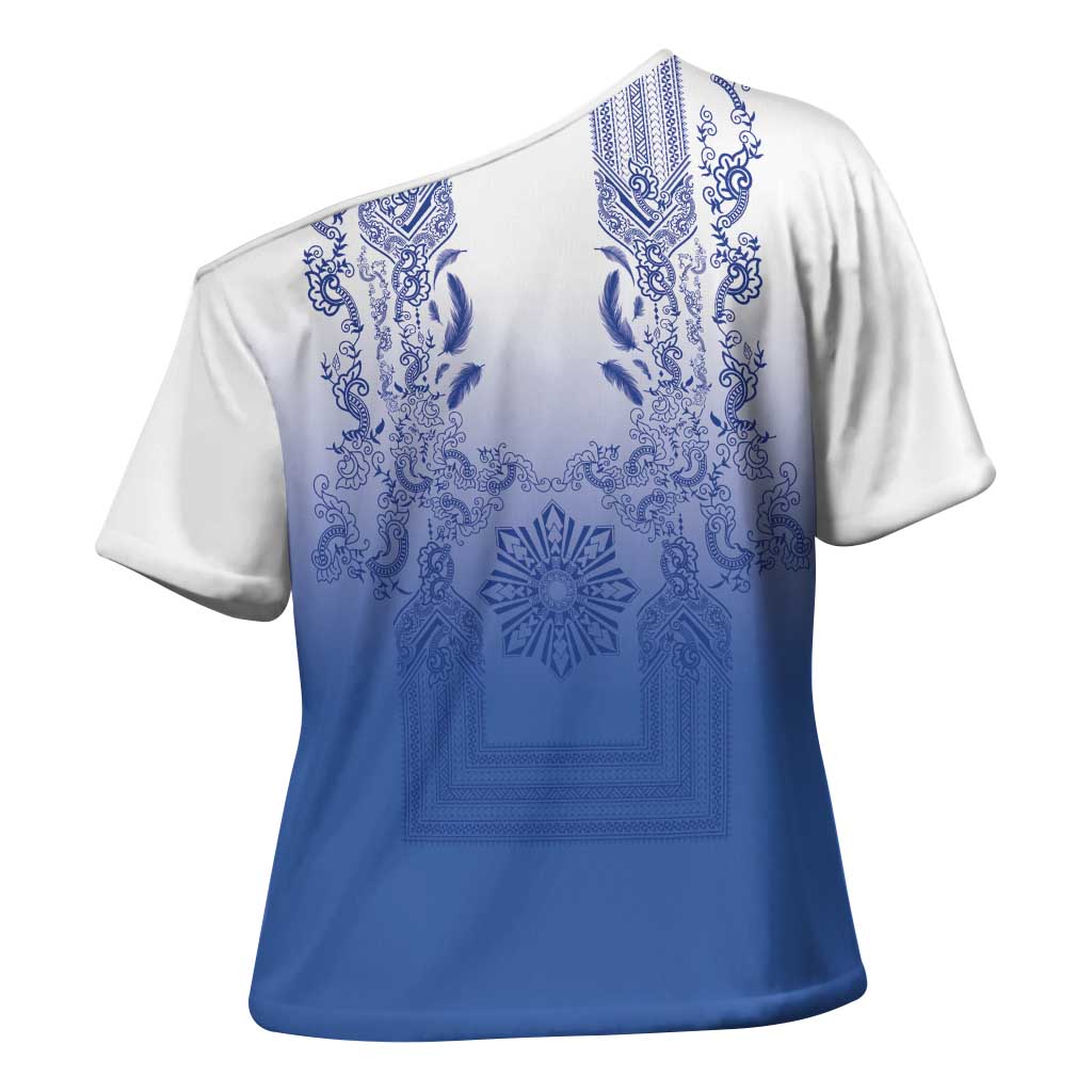 Philippines Barong Style Cross Shoulder Shirt with Polynesian Art and Leaf Motif Blue Color LT03 - Polynesian Pride