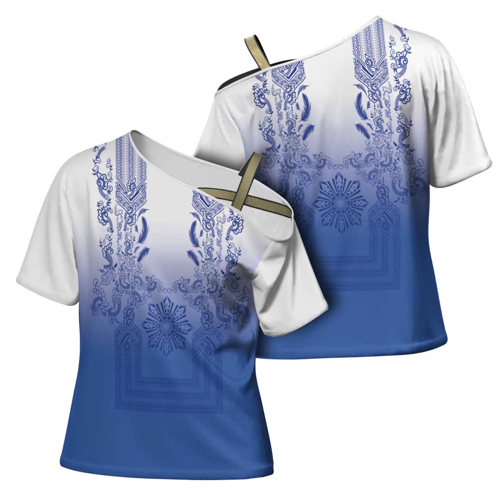 Philippines Barong Style Cross Shoulder Shirt with Polynesian Art and Leaf Motif Blue Color LT03 - Polynesian Pride