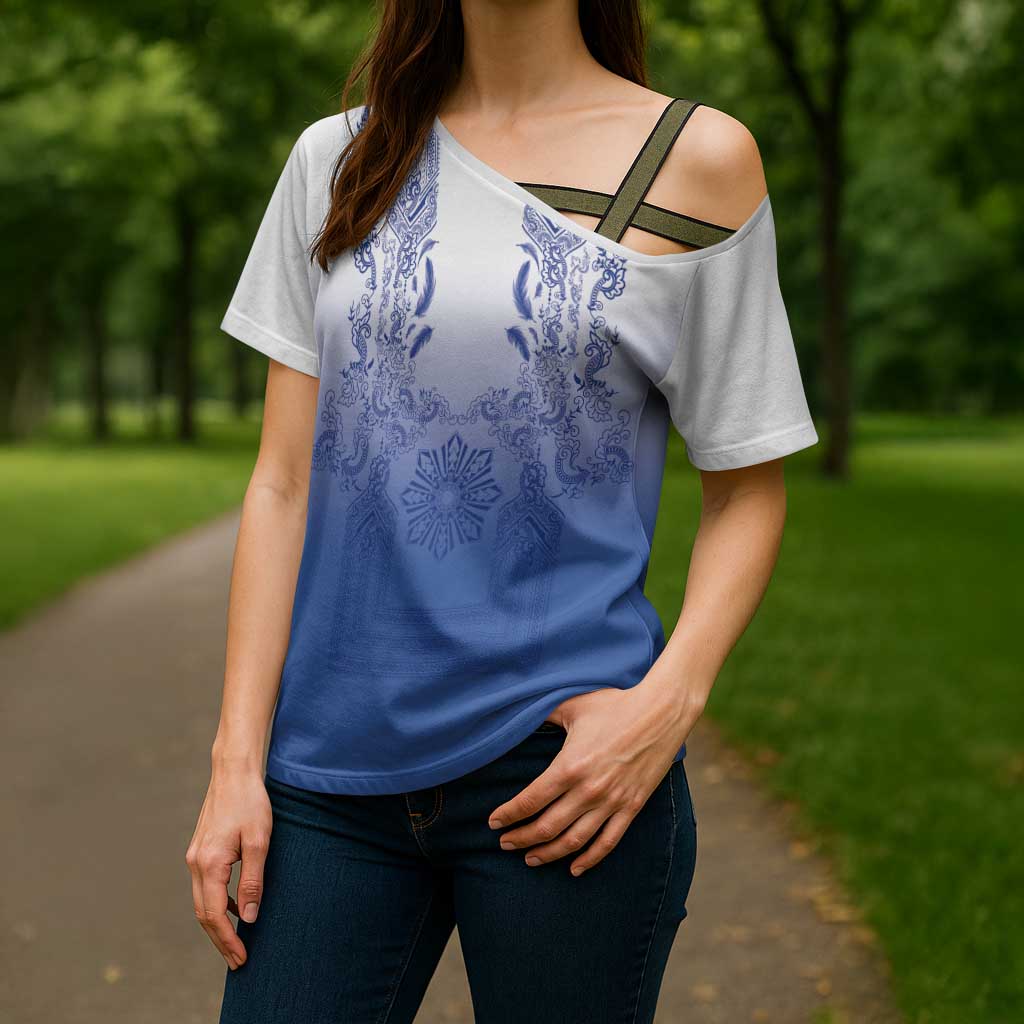 Philippines Barong Style Cross Shoulder Shirt with Polynesian Art and Leaf Motif Blue Color LT03 - Polynesian Pride