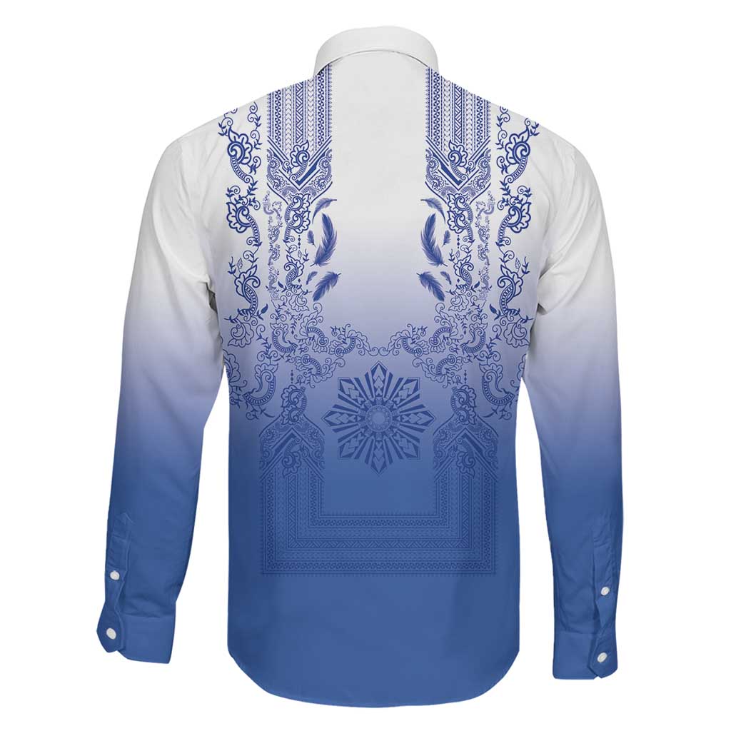 Philippines Barong Style Family Matching Off The Shoulder Long Sleeve Dress and Hawaiian Shirt with Polynesian Art and Leaf Motif Blue Color