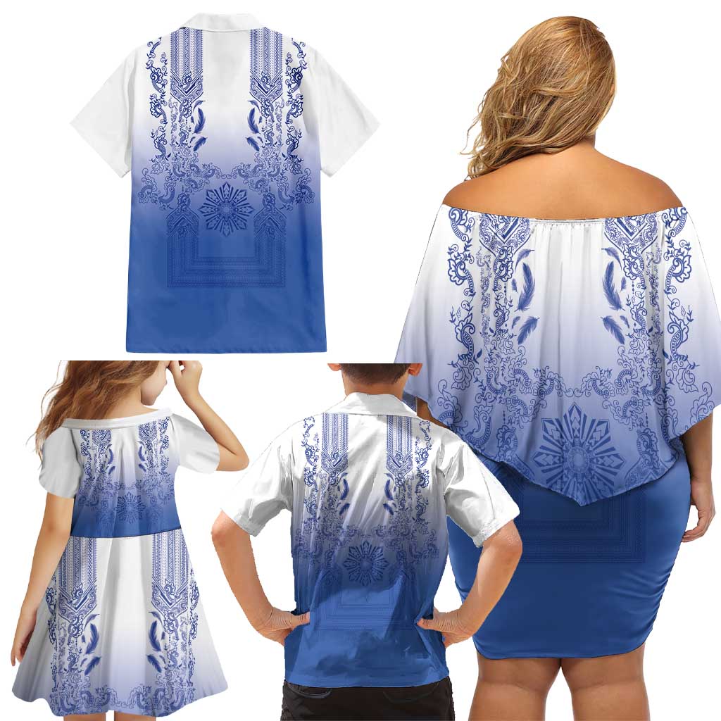 Philippines Barong Style Family Matching Off Shoulder Short Dress and Hawaiian Shirt with Polynesian Art and Leaf Motif Blue Color