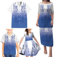 Philippines Barong Style Family Matching Puletasi and Hawaiian Shirt with Polynesian Art and Leaf Motif Blue Color