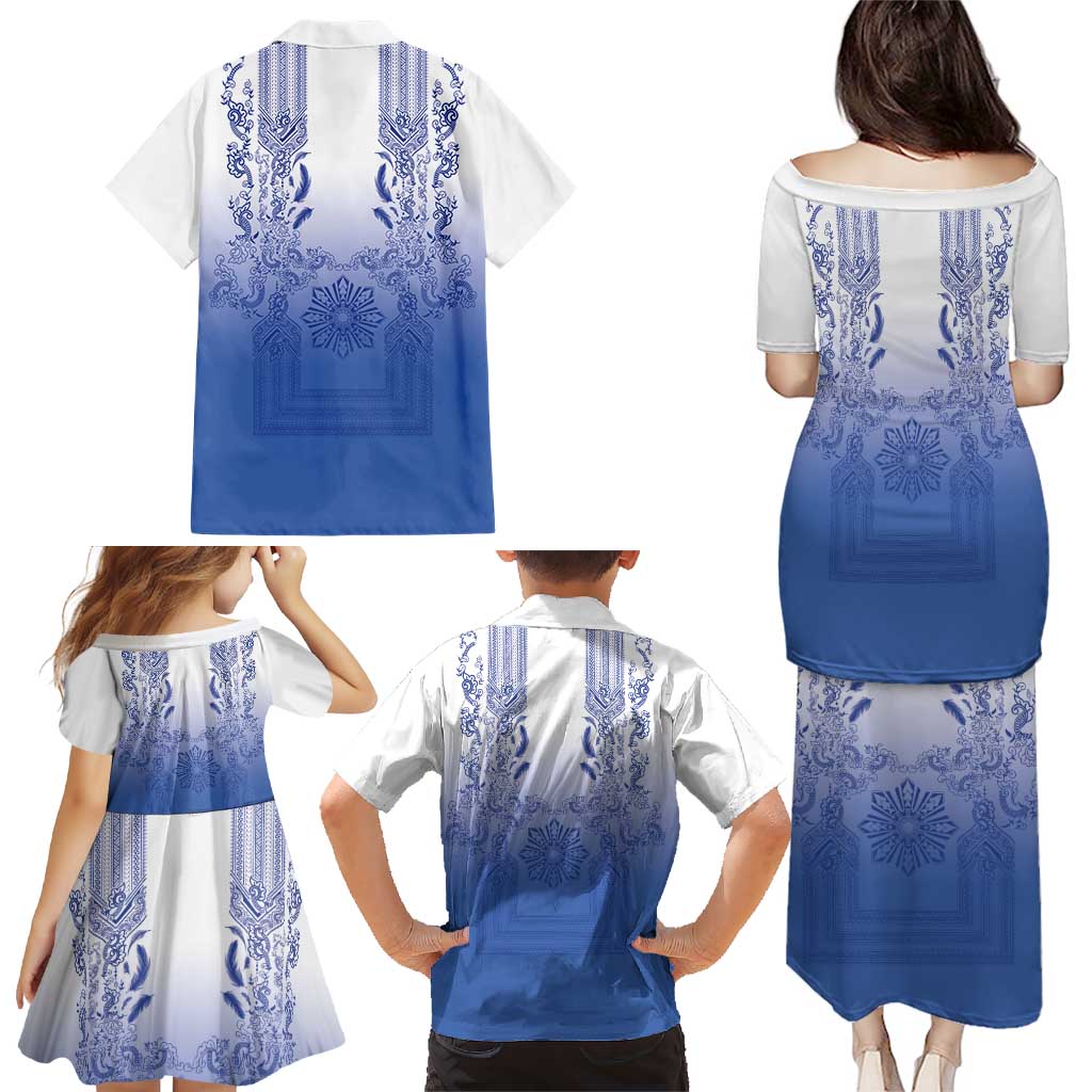 Philippines Barong Style Family Matching Puletasi and Hawaiian Shirt with Polynesian Art and Leaf Motif Blue Color
