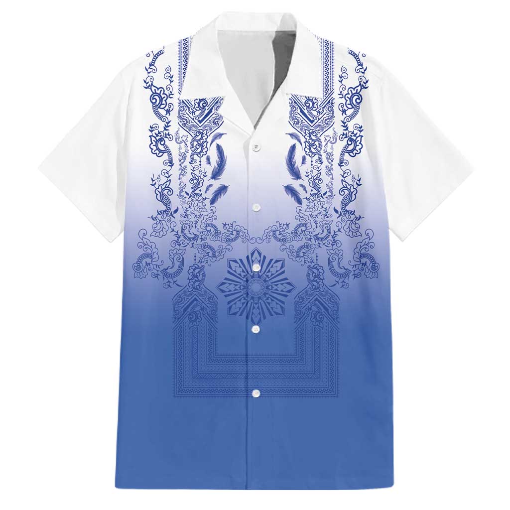 Philippines Barong Style Family Matching Puletasi and Hawaiian Shirt with Polynesian Art and Leaf Motif Blue Color