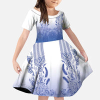 Philippines Barong Style Family Matching Short Sleeve Bodycon Dress and Hawaiian Shirt with Polynesian Art and Leaf Motif Blue Color