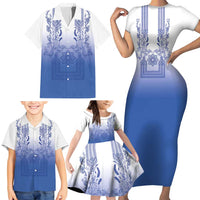 Philippines Barong Style Family Matching Short Sleeve Bodycon Dress and Hawaiian Shirt with Polynesian Art and Leaf Motif Blue Color
