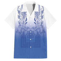 Philippines Barong Style Family Matching Short Sleeve Bodycon Dress and Hawaiian Shirt with Polynesian Art and Leaf Motif Blue Color