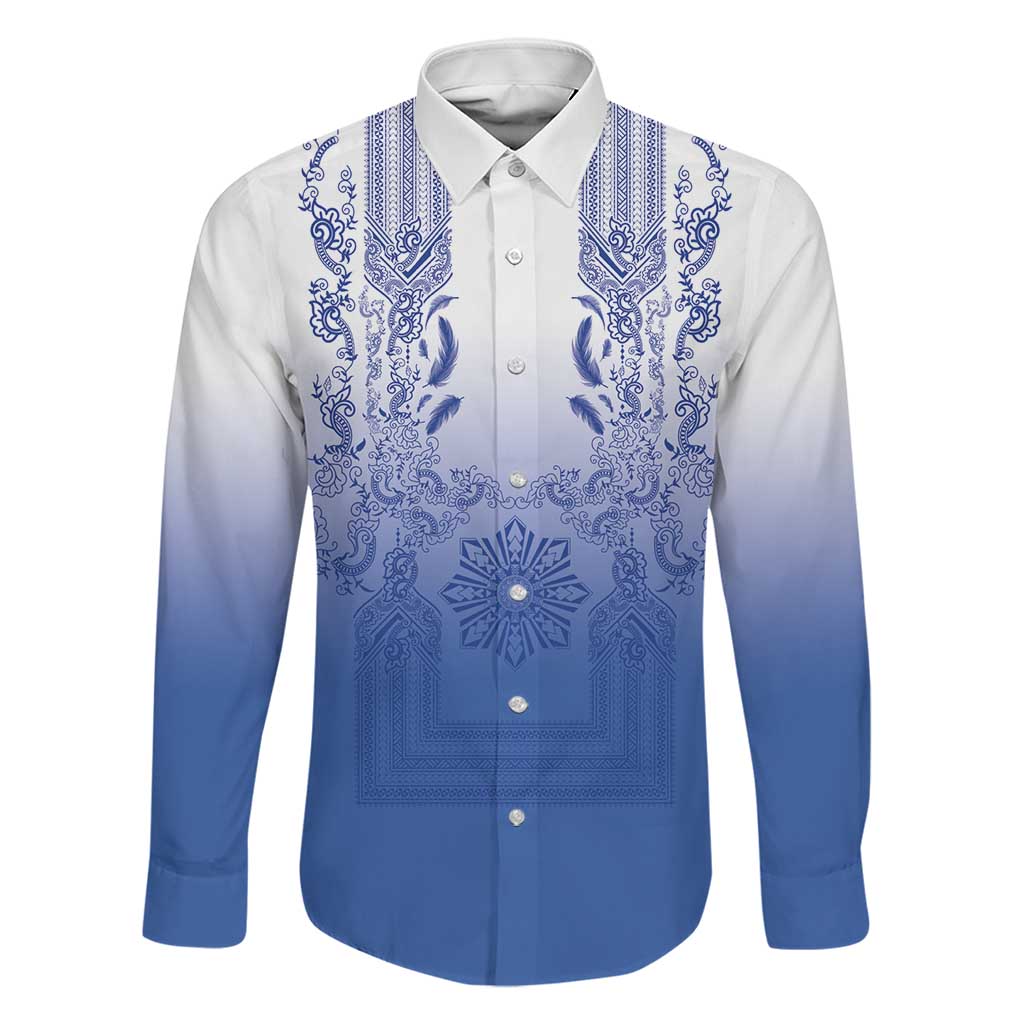 Philippines Barong Style Family Matching Short Sleeve Bodycon Dress and Hawaiian Shirt with Polynesian Art and Leaf Motif Blue Color