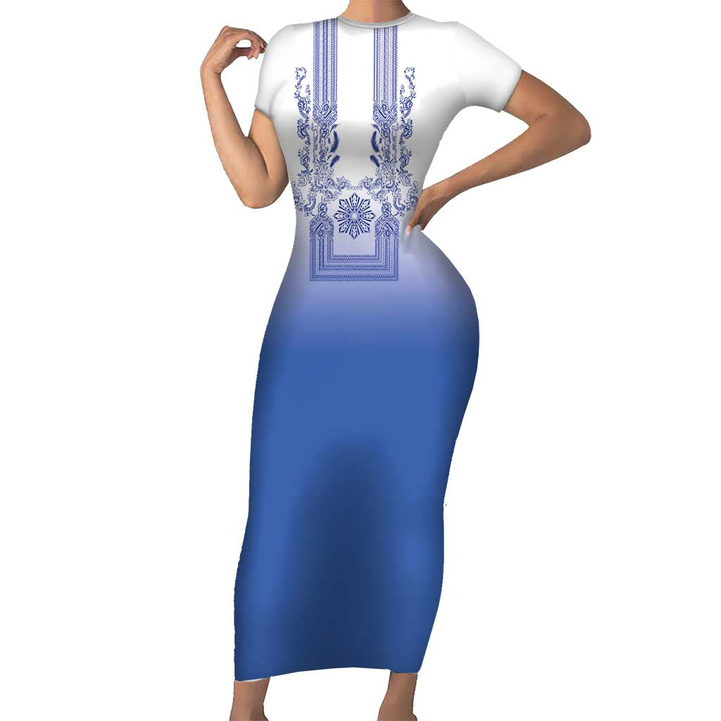 Philippines Barong Style Family Matching Short Sleeve Bodycon Dress and Hawaiian Shirt with Polynesian Art and Leaf Motif Blue Color