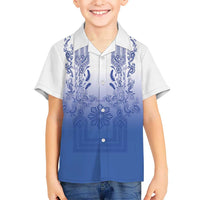 Philippines Barong Style Family Matching Short Sleeve Bodycon Dress and Hawaiian Shirt with Polynesian Art and Leaf Motif Blue Color