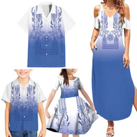 Philippines Barong Style Family Matching Summer Maxi Dress and Hawaiian Shirt with Polynesian Art and Leaf Motif Blue Color